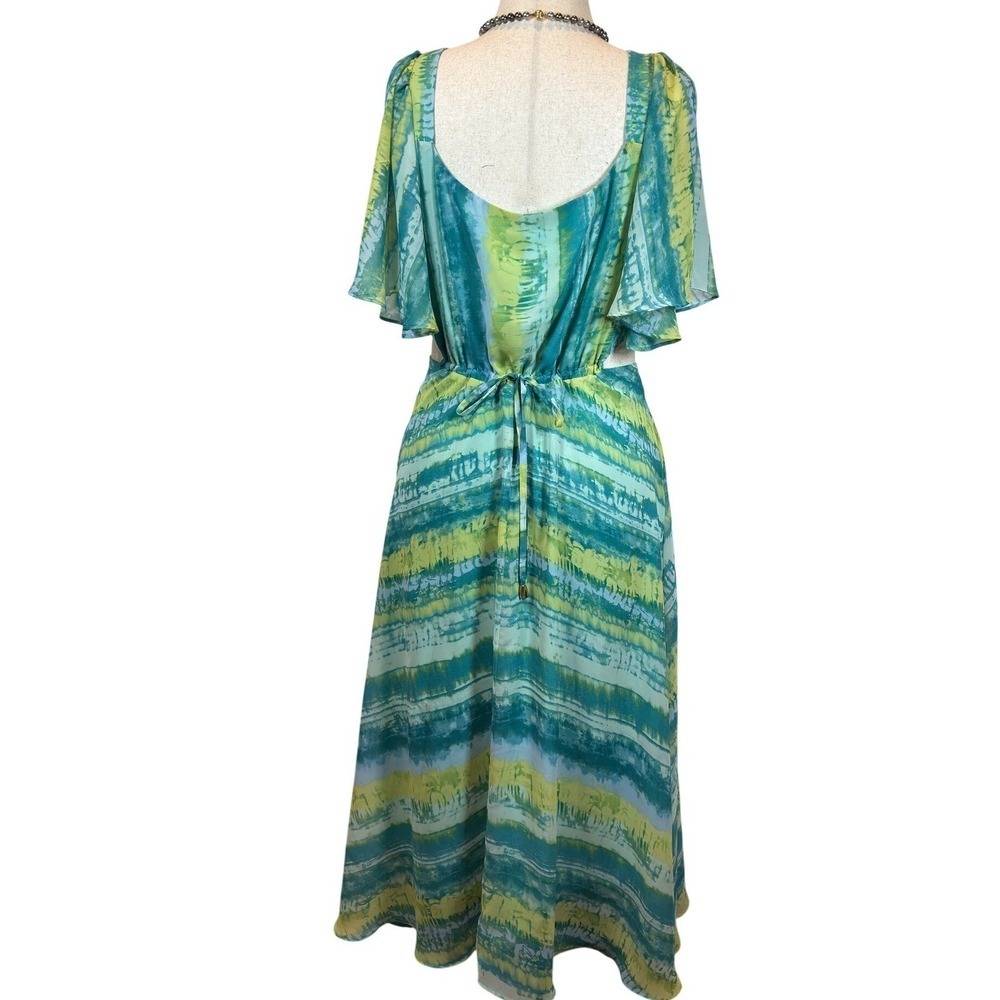 Boho Tie Dye Maxi Dress size 14 Chiffon Flutter Sleeve Cut Out Side High Low Hem - Picture 4 of 11